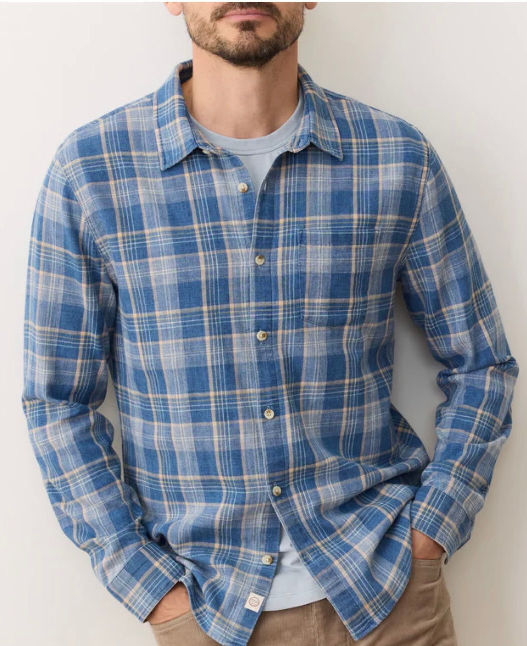 Marine Layer Classic Stretch Selvage Shirt-Blue Indigo Plaid