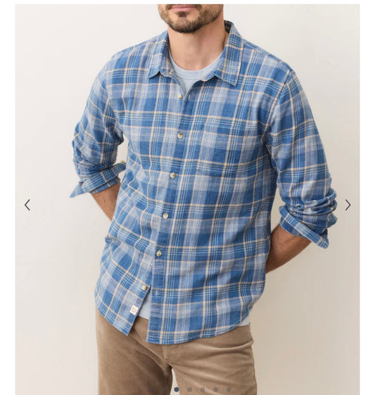 Marine Layer Classic Stretch Selvage Shirt-Blue Indigo Plaid