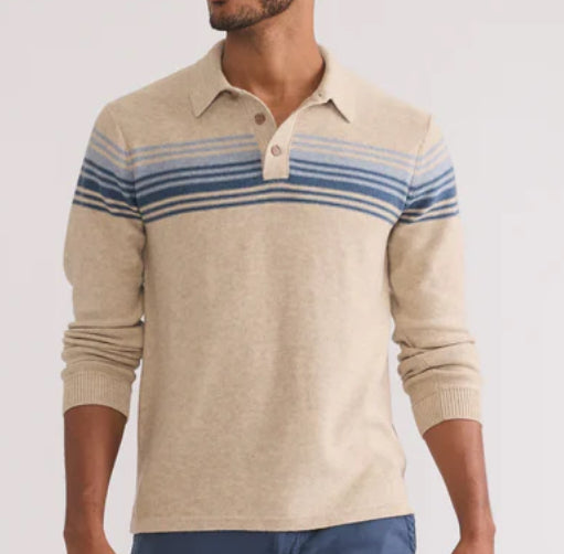 Marine Layer Elias Sweater Polo Driftwood Blue Stripe