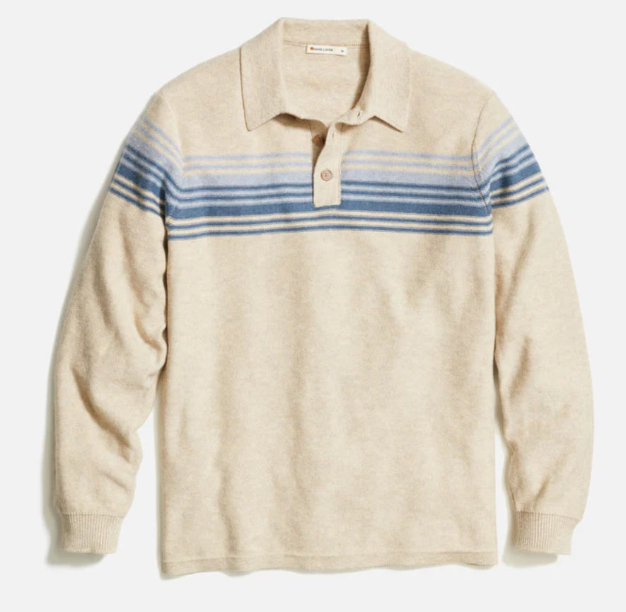 Marine Layer Elias Sweater Polo Driftwood Blue Stripe