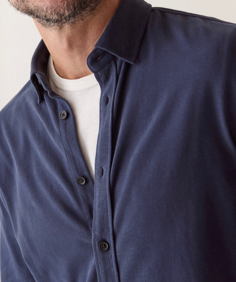 Marine Layer Luxe Jersey Button Up Shirt Navy