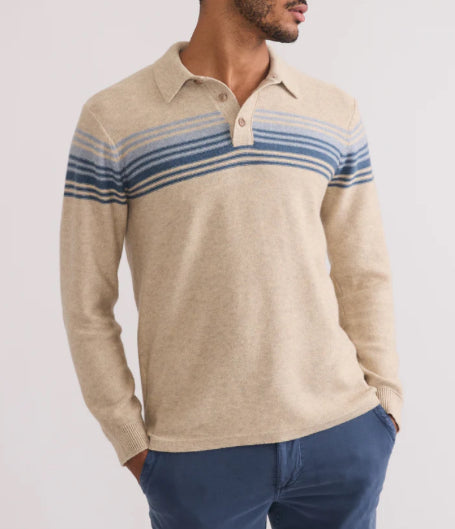 Marine Layer Elias Sweater Polo Driftwood Blue Stripe