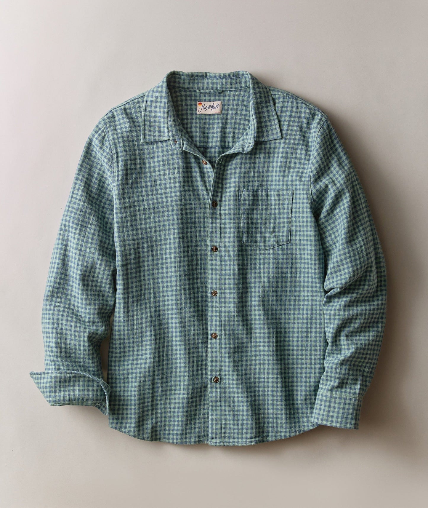 Marine Layer Stretch Selvage Long Sleeve Shirt-Green Navy Gingham