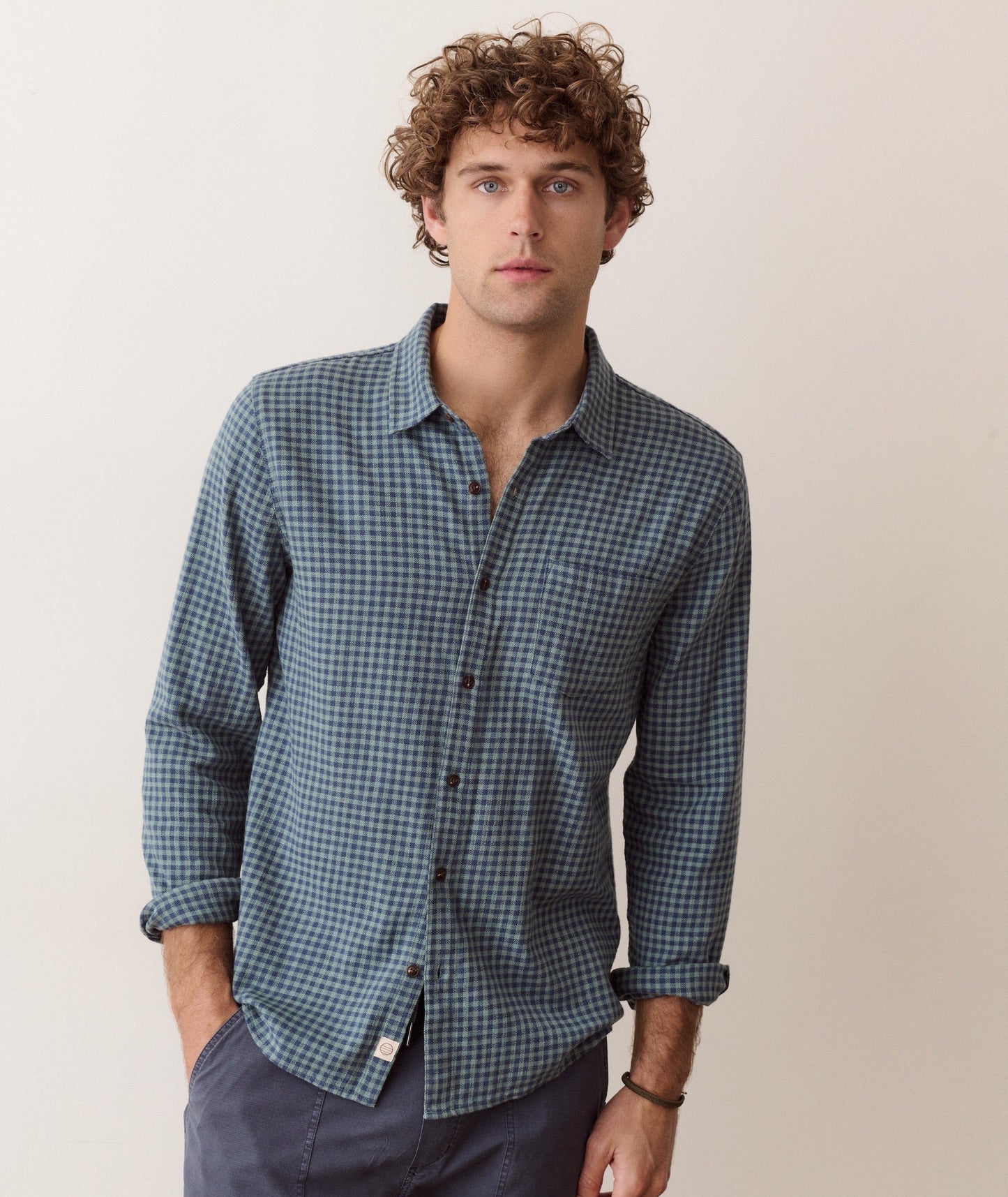 Marine Layer Stretch Selvage Long Sleeve Shirt-Green Navy Gingham