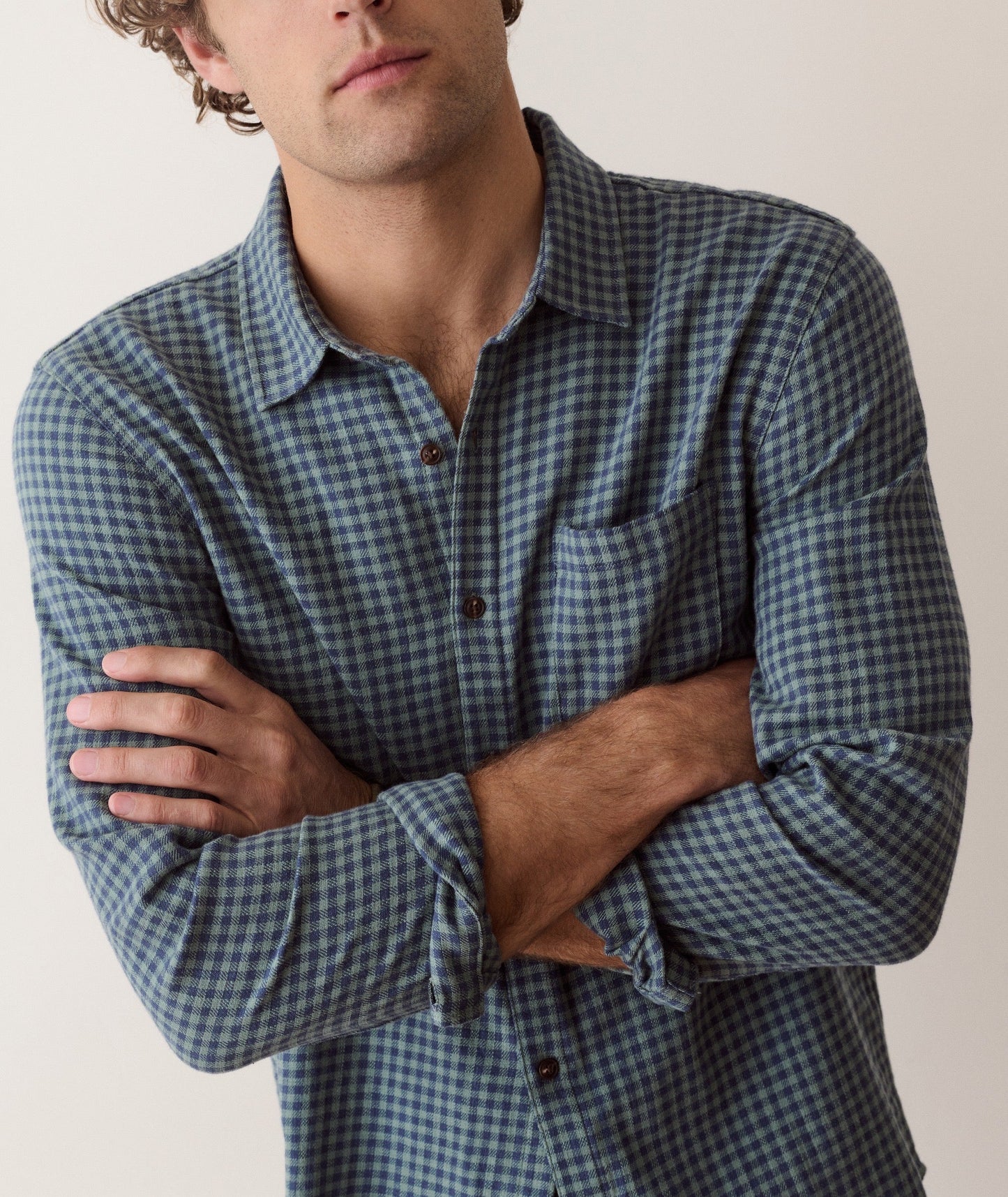 Marine Layer Stretch Selvage Long Sleeve Shirt-Green Navy Gingham