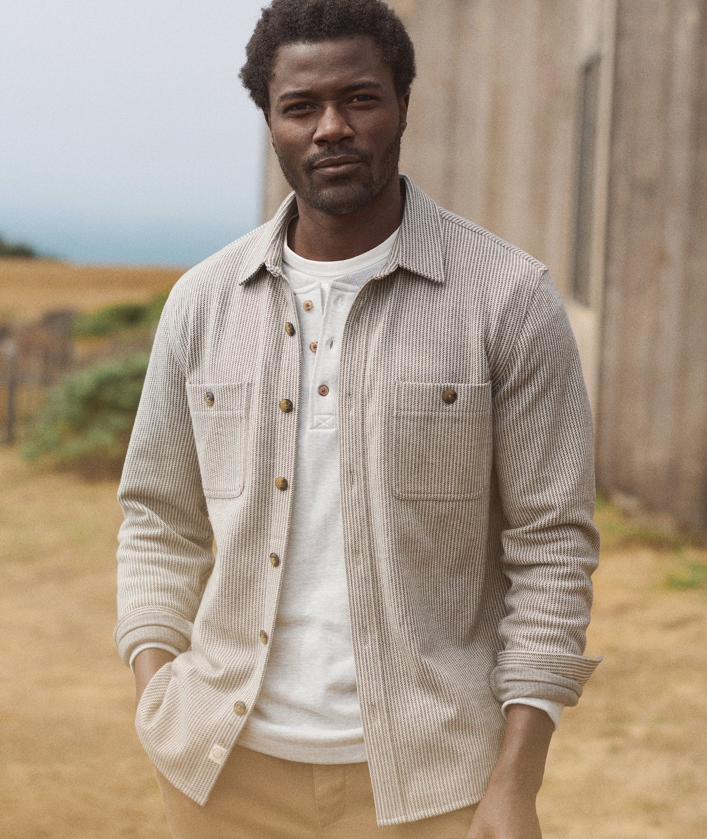 Marine Layer Pacifica Stretch Twill Overshirt-Grey stripe