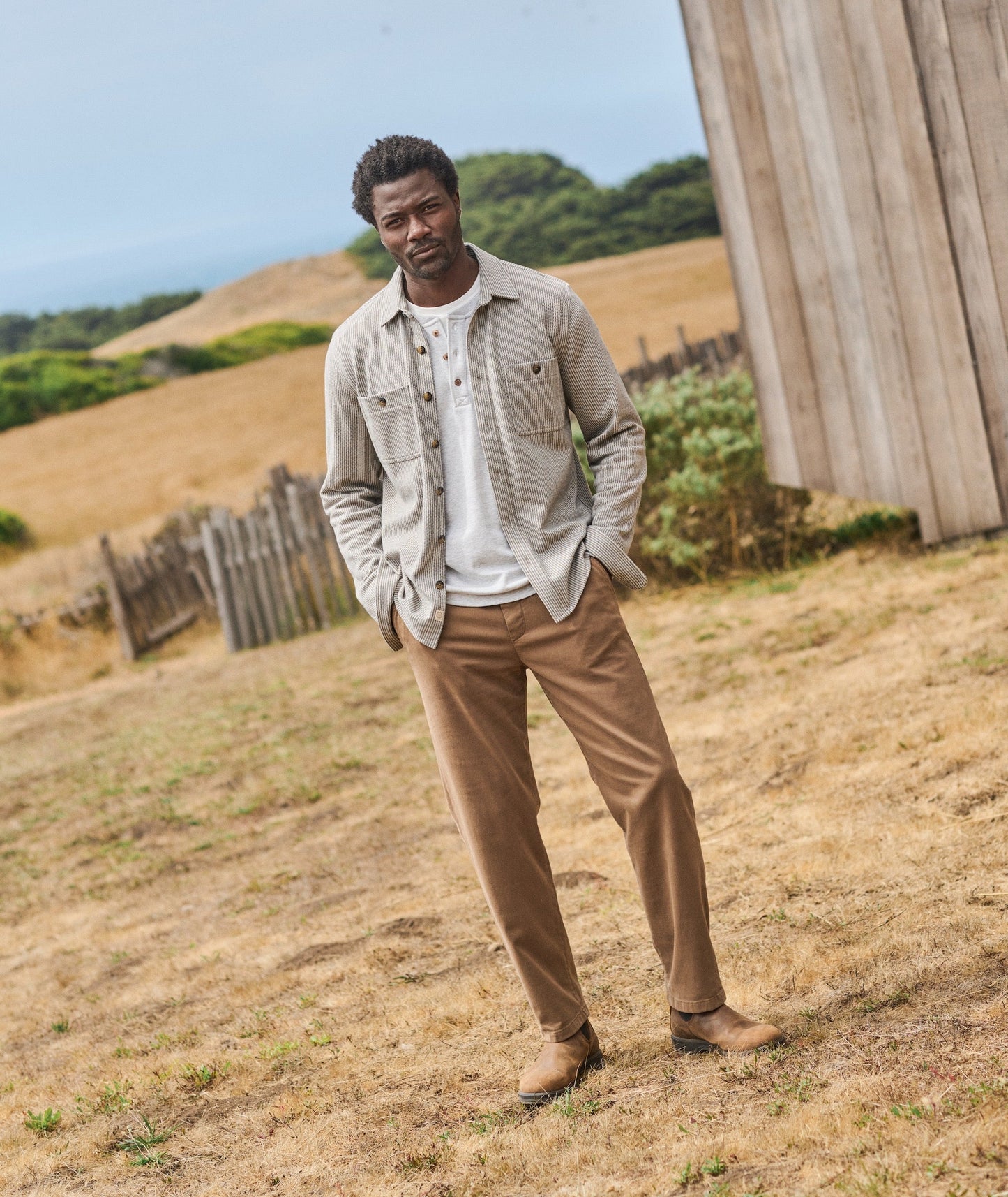 Marine Layer Pacifica Stretch Twill Overshirt-Grey stripe