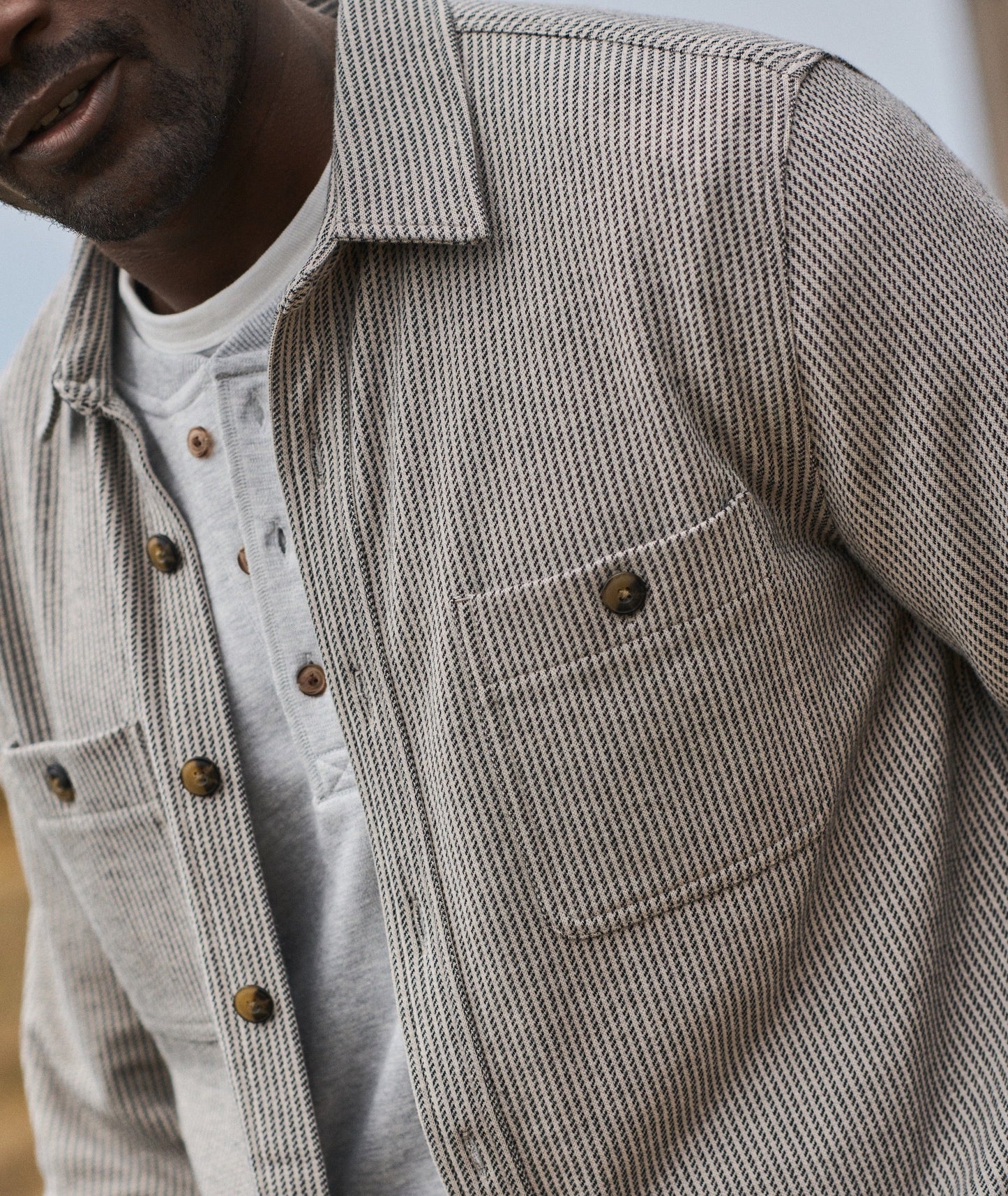 Marine Layer Pacifica Stretch Twill Overshirt-Grey stripe