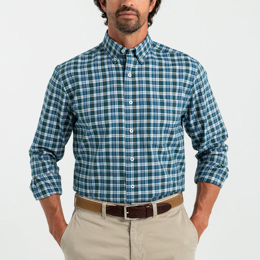 Duck Head Cotton Oxford Sport Shirt
Thompson Plaid   -Legion Blue